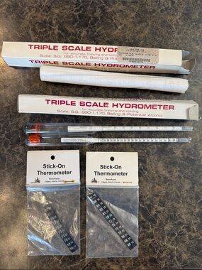 Vintage Glass Triple Scale Hydrometer Set wt Stick-On Thermometers